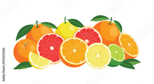 A vibrant arrangement of fresh citrus fruits including oranges grapefruits lemons and limes.