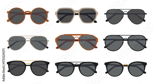 A collection of nine diverse styles of sunglasses for fashion and eye protection.