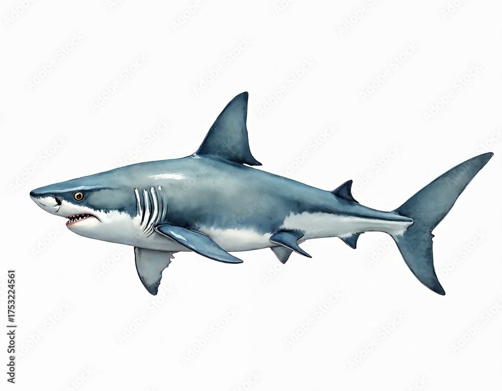 Obraz premium Watercolor great white illustration isolated on white. This majestic predator swims in ocean depths. Its powerful body and sharp teeth inspire awe and fear.