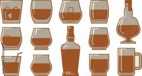 Assorted Whiskey Glasses and Bottles Illustration Whiskey on the Rocks, Neat Whiskey, and Whiskey Cocktails