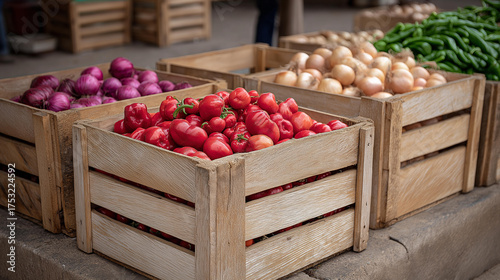 Traditional Mexican plaza with crates of peppers, onions, and tomatoes, economic prosperity in local trade, market vitality through fresh produce, agricultural abundance in cultura