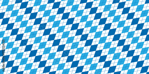 Argyle rhombus seamless pattern. Christmas plaid texture with silver line. Blue geometric diamond abstract pattern. Mans and boys design wrapping bg. Vector illustration isolated on white background.