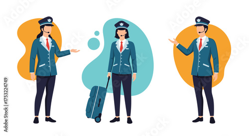Professionals in pilot uniforms assisting with travel and luggage services.
