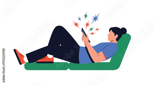 A person lying down comfortably on a green couch while using a smartphone emitting colorful sparks from the screen.