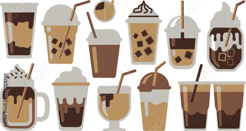 Assortment of Iced Coffee Beverages in Various Cups and Glasses With Straws, on White Background