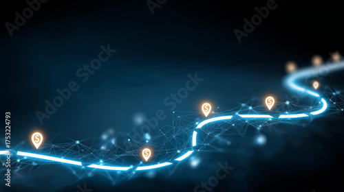Glowing trail with milestone markers, economic prosperity in project tracking, market vitality through roadmap visuals, investment opportunities in business journeys, consumer enga