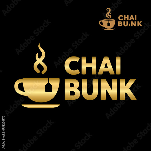 Golden chai bunk logo design on black background representing tea and relaxation