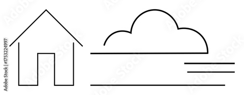 Simplistic house and cloud sketch with parallel horizontal lines for a serene and clear landscape. Ideal for home, weather, simplicity, minimalism, real estate, nature, clarity. Modern flat metaphor