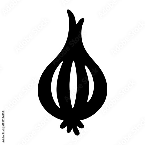 Black silhouette of an onion with hollowed center on white background