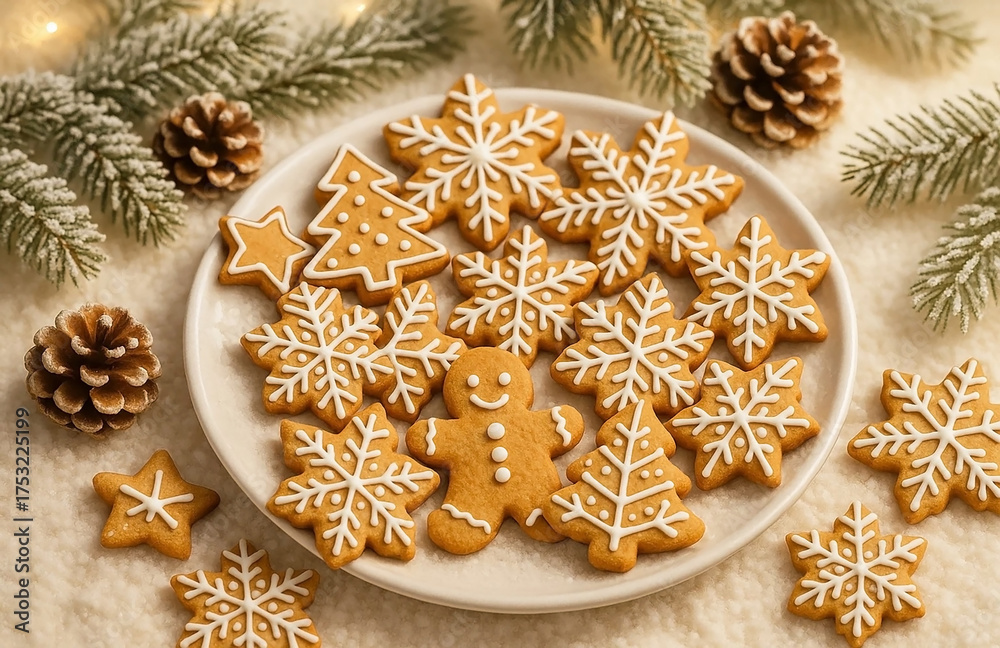 Fototapeta premium Delicious sweet cookies, gingerbread men, Christmas trees and snowflakes with white glaze, with green branches of the Christmas tree and New Year's decor