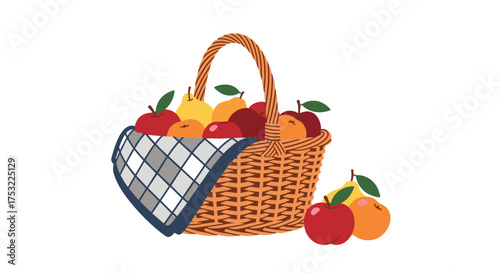 A woven basket overflowing with ripe juicy apples and pears sits on a white background with some fruit outside.