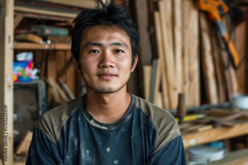 Fototapeta premium Young man posing in a workshop with wooden materials