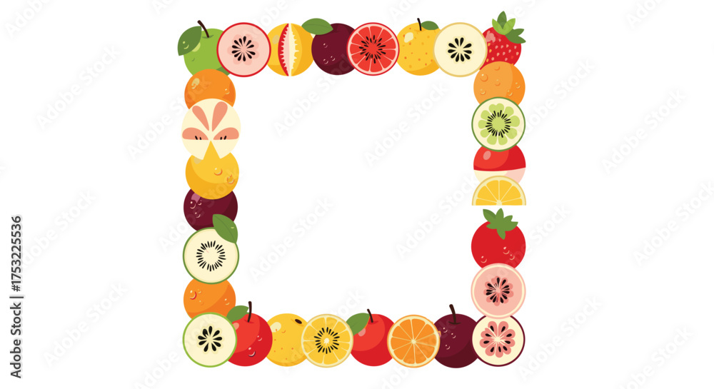 Fototapeta premium A vibrant square border composed of various fresh fruit slices.