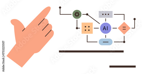 Hand gesture interacting with AI flowchart featuring nodes for automation, logic, and decision-making. Ideal for artificial intelligence, innovation, technology, system design, software, teamwork