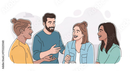 Simple and modern vector art of friends smiling and talking, minimal design style.