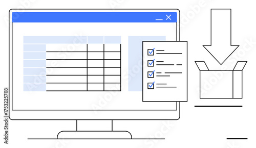 Computer monitor showing data table, checklist with marked tasks, and downward arrow leading to open box. Ideal for productivity, data management, organization, logistics, workflow, reporting simple
