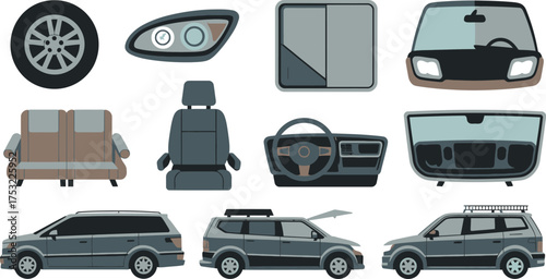 Car Parts Illustration Wheel, Headlight, Seat, Dashboard, Interior Mirror, and Exterior Van