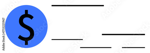 Blue circle with dollar sign surrounded by horizontal lines suggesting movement, finance, money transfer. Ideal for banking, payment, speed, e-commerce, economy, accounting minimal flat design