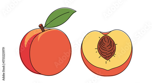 A whole juicy peach with a green leaf and a peach cut in half revealing its pit and flesh.