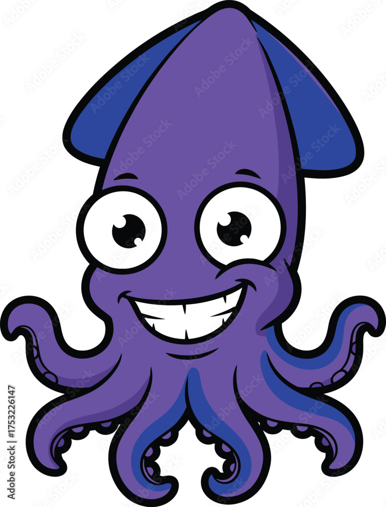 Fototapeta premium Smiling purple cartoon squid with big eyes and tentacles on white background octopus sea creature