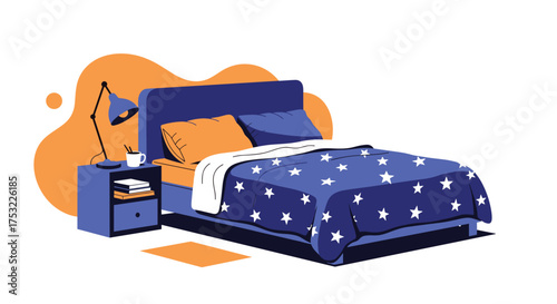 A cozy bedroom featuring a bed with a starry comforter and a bedside table.