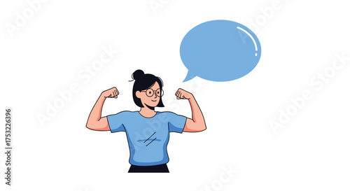 A strong woman flexing her muscles with a speech bubble above her head.