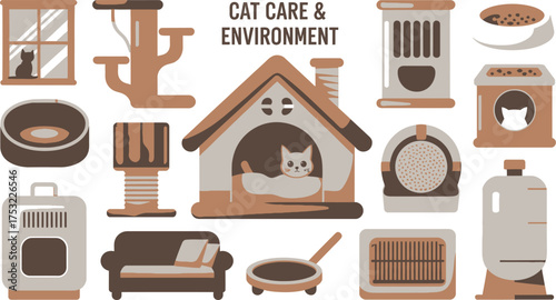 Cartoon Cat Care Environment Illustrated House, Tree, Sofa, Window, and Accessories