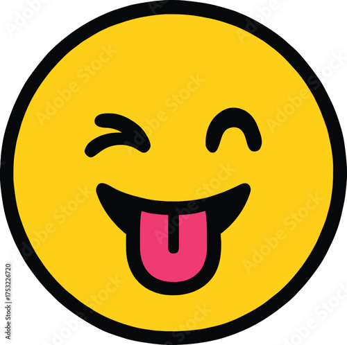 Yellow Smiley Face Emoji Sticking Out Tongue and Winking on White Background Keywords: emoji, smiley, face, yellow, winking, tongue