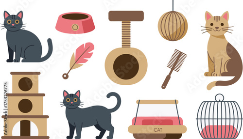 Cartoon Cats with Accessories Bowl, Cat Tree, Toy, Brush, Litter Box, and Cage Illustration
