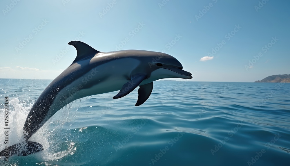 Fototapeta premium Dolphin jumps out of calm blue sea water. Marine mammal leaps with dorsal fin above ocean surface on sunny day. Clear sky and mountains in background.