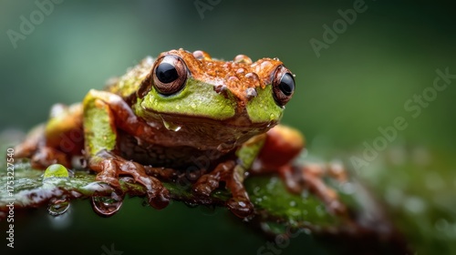 A vibrant green frog perched on a leaf, adorned with droplets of water, highlighting its beauty and the essence of nature in a lush and humid environment.