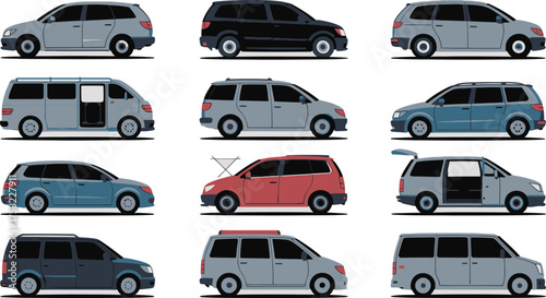 Cartoon Illustration Nine Station Wagons and Mini Vans of Various Colors and Styles