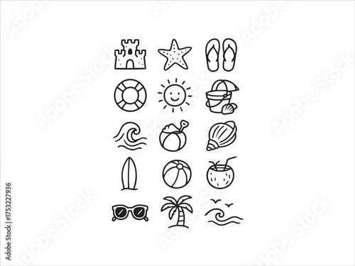 Doodle Style Summer and Beach Vacation Line Icons Collection