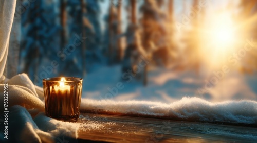 A flickering candle placed on a snowy windowsill captures the warmth of the glowing light against the cold backdrop of a winter sunset, evoking feelings of tranquility and comfort.