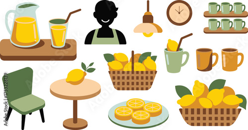 Cartoon Illustration with Lemonade, Baskets of Lemons, Mugs, Chair, Table, and Staff Silhouette