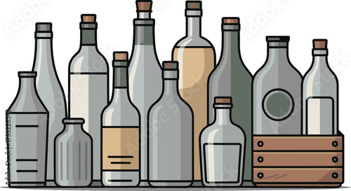 Cartoon Illustration of Various Bottles, Some Filled, Arranged in a Wooden Crate