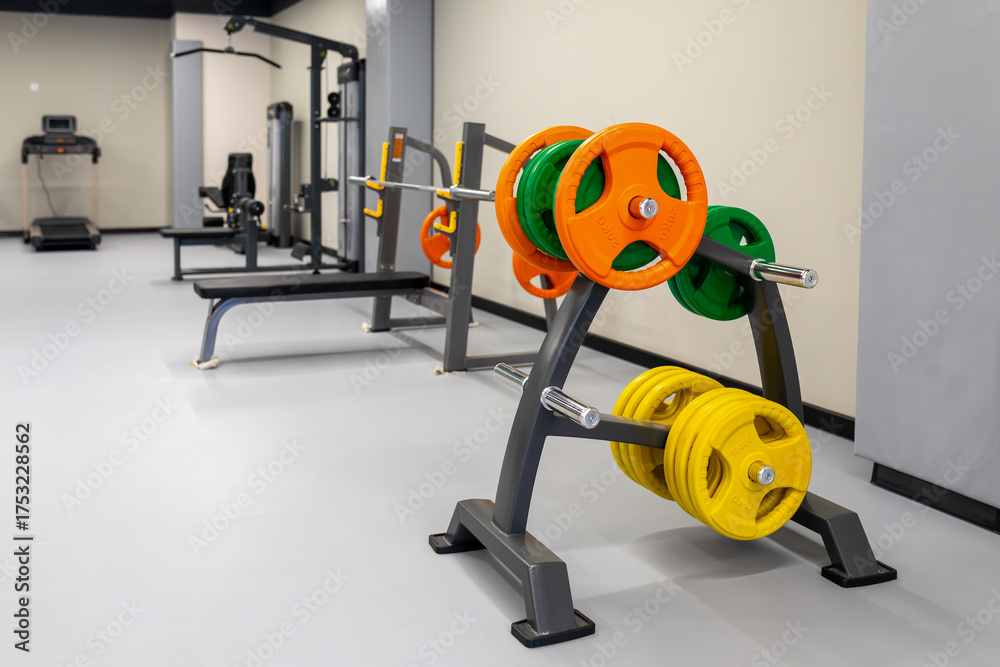 Obraz premium Gym interior with weight rack holding colorful plates and barbells. Fitness equipment for strength training or bodybuilding. Real photo