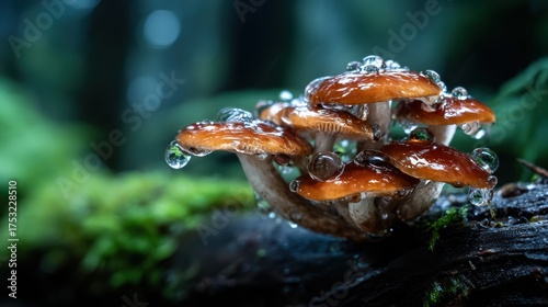 An enchanting close-up of mushrooms with glistening dewdrops in a verdant forest setting, showcasing the beauty and mystique of nature's hidden gems.