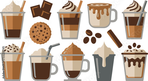 Coffee Beverages, Chocolate, and Cookie Flat Art Cappuccino, Latte, Mocha, Espresso, and More