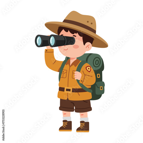 A young boy dressed as an explorer with a backpack and binoculars looks into the distance.