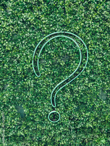 A question mark (?) with grass background, eco text effect. Ecological question. Advice and question.