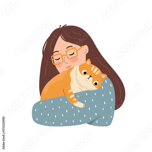A girl wearing glasses hugs a red cartoon cat. Vector illustration in a flat style.