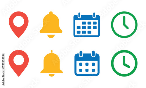 Location, time, calendar and notification bell icons set. Flat vector illustrations of pin, date, clock and bell. calendar icons set, calendar and Location, time, notification bell icons set. eps file