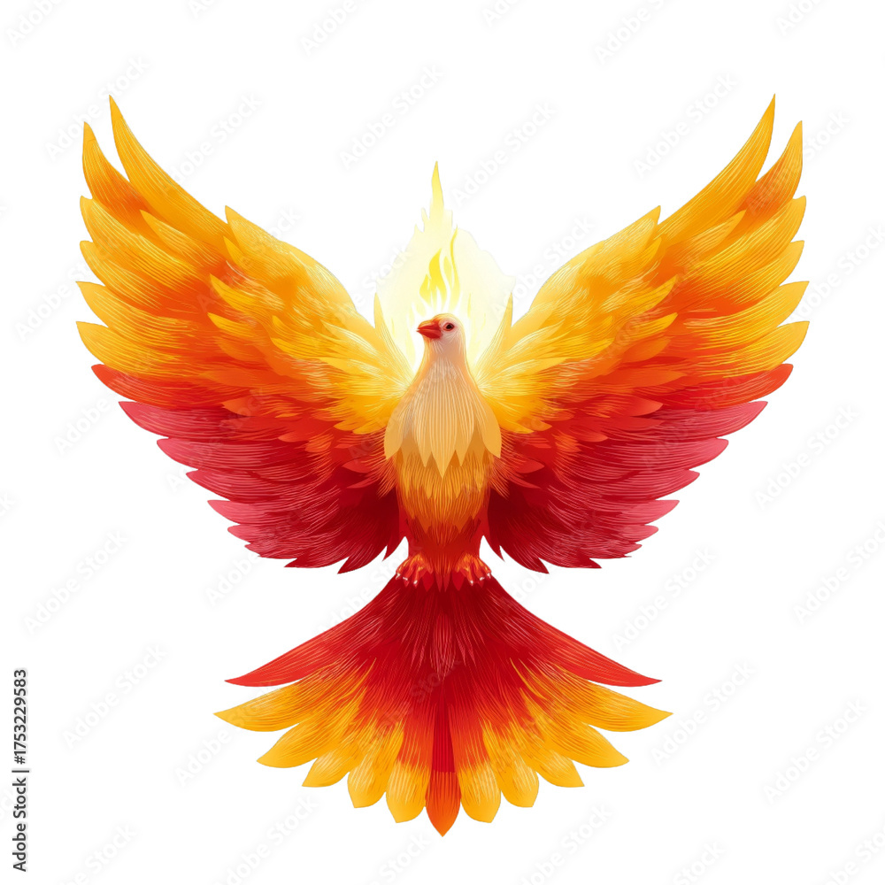 Obraz premium Majestic phoenix bird of myth with wings of fire and flame. powerful fantasy symbol of rebirth, resurrection, and immortality isolated on transparent background