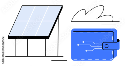 Solar panel structure emphasizes clean energy. Blue digital wallet represents financial technology and eco-conscious investments. Ideal for sustainability, renewable energy, green tech, fintech