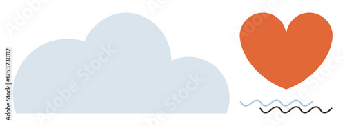 Light blue cloud next to red heart over wavy lines. Ideal for feelings, connection, love, weather, environment, balance, calm. Clean minimal style simple flat metaphor