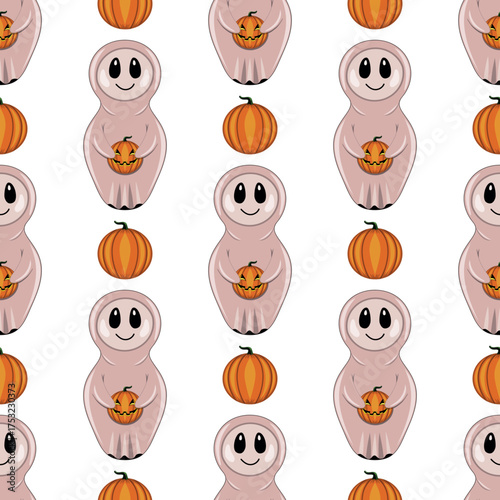 Seamless pattern with Halloween ghost dolls and pumpkin. Cute Orange Jack-O-Lantern Pumpkins Seamless Pattern - stock illustration