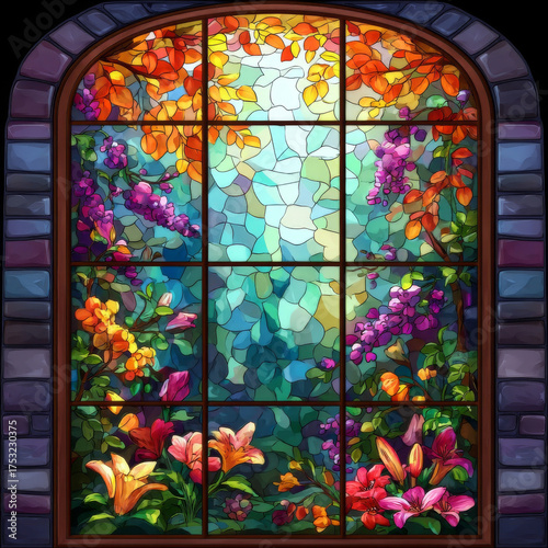 Vibrant arched stained glass window in church, sacred and colorful piece of art. design shows peaceful garden with flower and nature elements illuminated by light