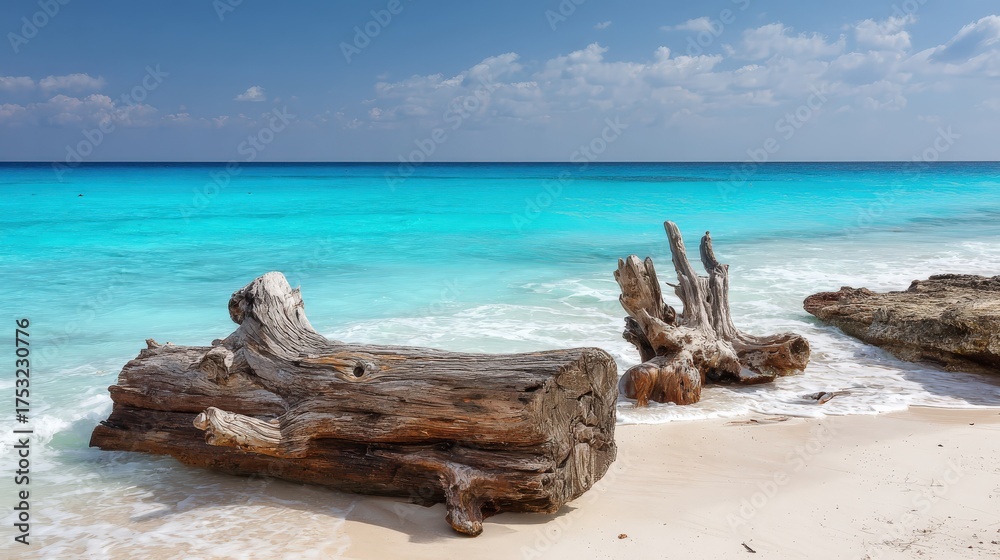 Fototapeta premium Tranquil seascape with driftwood on sandy beach under bright blue sky