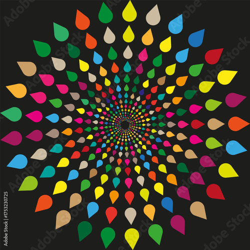 Abstract radial illustration. Colorful teardrop shapes. Vibrant psychedelic pattern. Vector floral art.